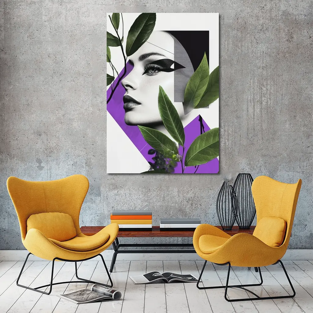 Woman Face Collage Art Green Leaves Purple – Wall Art