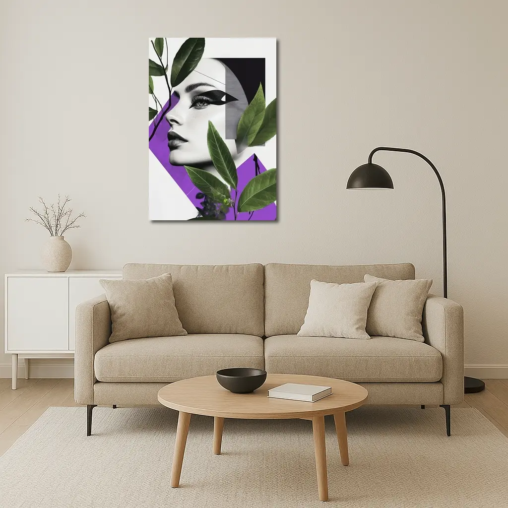 Woman Face Collage Art Green Leaves Purple – Wall Art