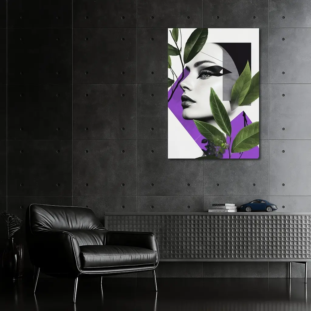 Woman Face Collage Art Green Leaves Purple – Wall Art