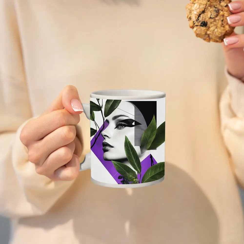 Woman Face Collage Art Green Leaves Purple – Mugs