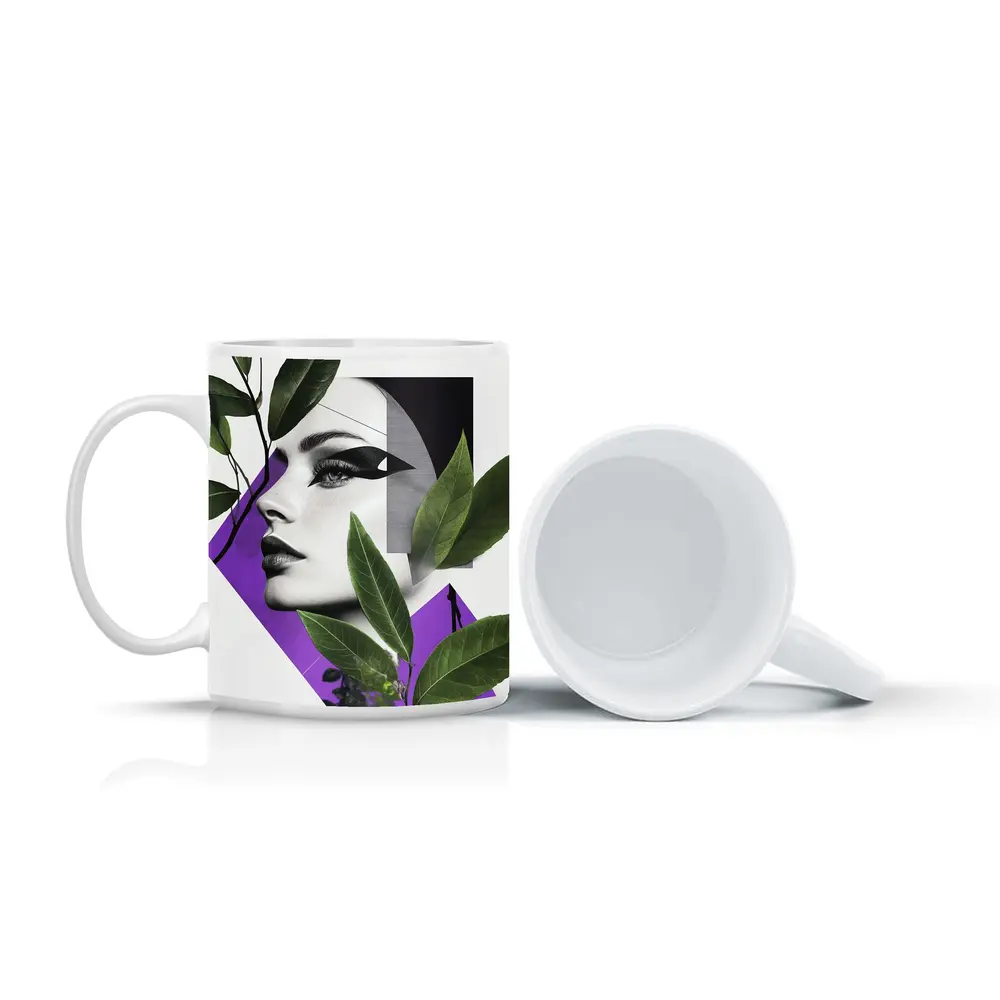 Woman Face Collage Art Green Leaves Purple – Mugs