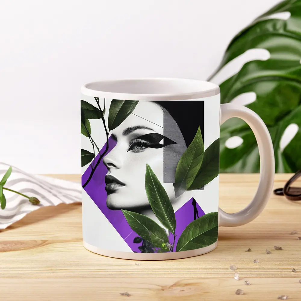 Woman Face Collage Art Green Leaves Purple – Mugs