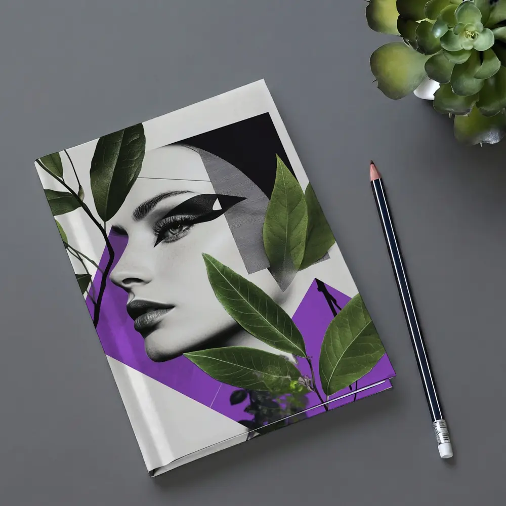 Woman Face Collage Art Green Leaves Purple – Notebooks