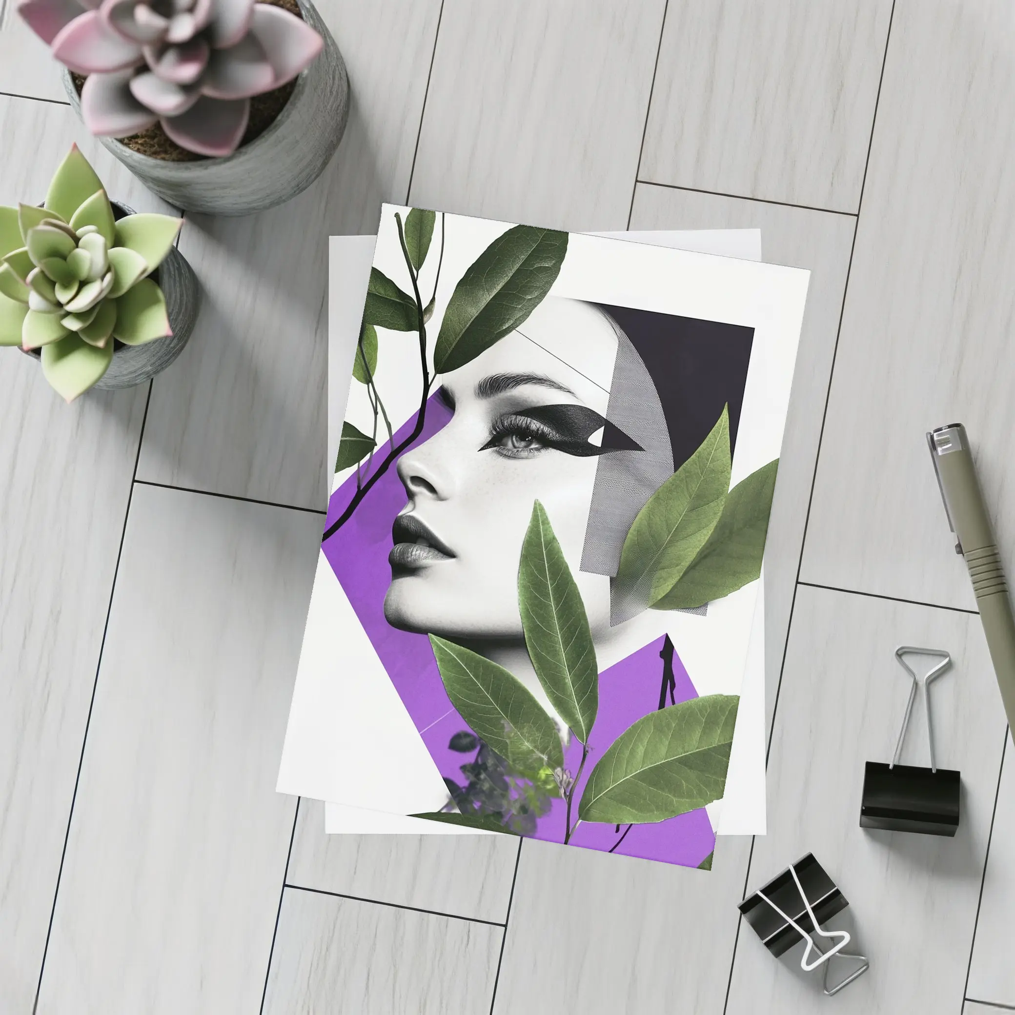 Woman Face Collage Art Green Leaves Purple – Postcards
