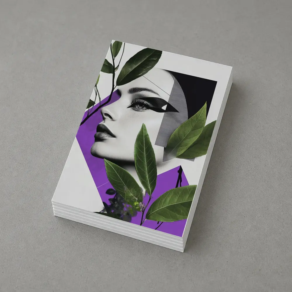 Woman Face Collage Art Green Leaves Purple – Postcards