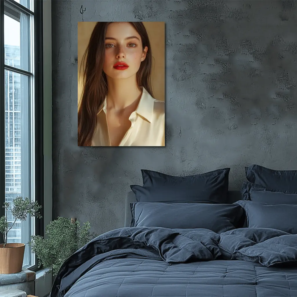 Young Woman Red Lips Warm Beige Background – Wall Art