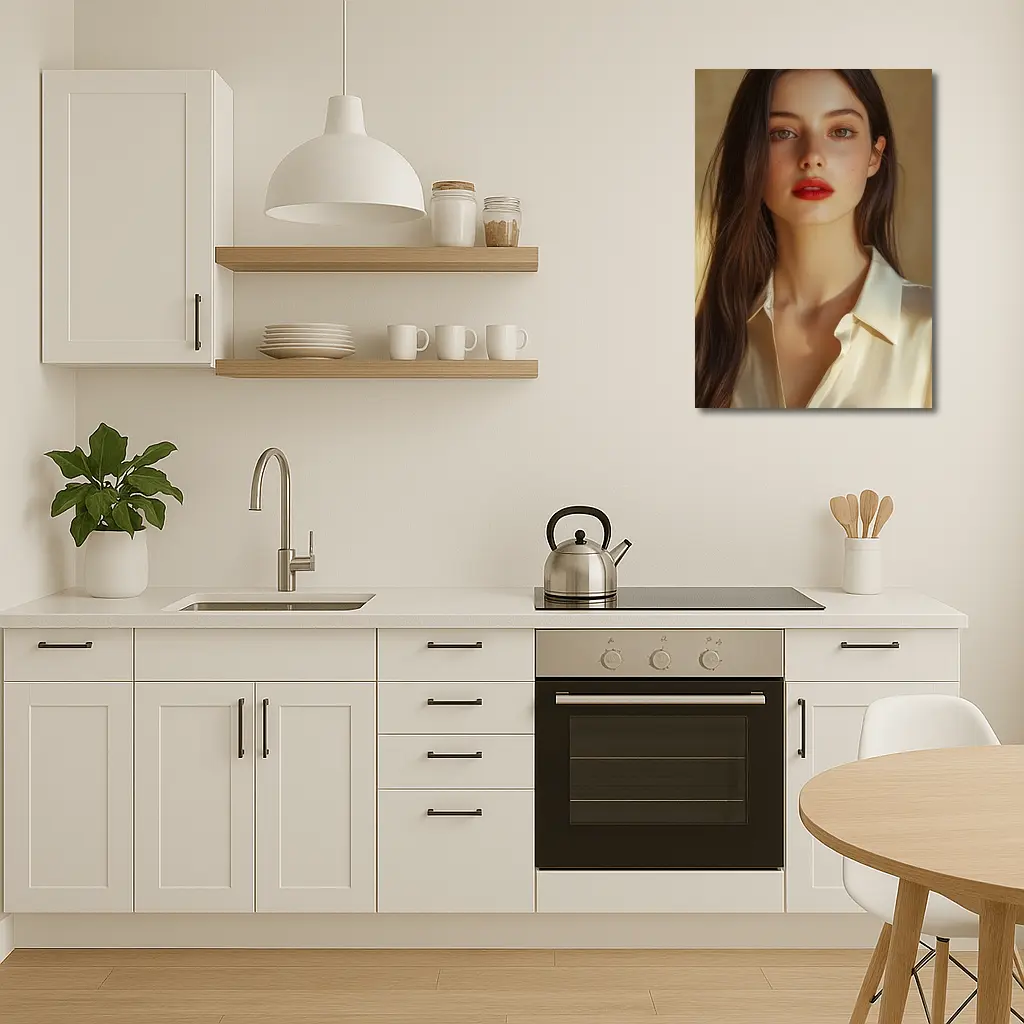 Young Woman Red Lips Warm Beige Background – Wall Art
