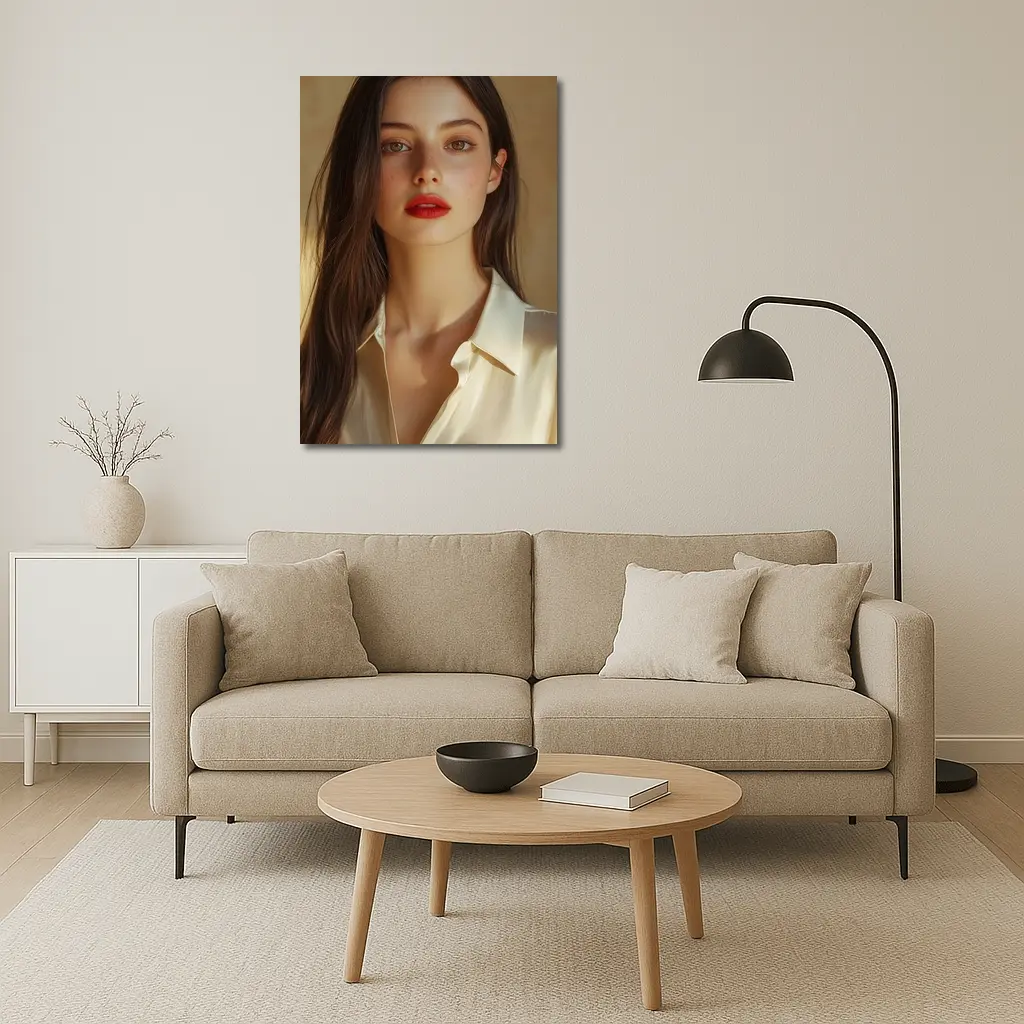 Young Woman Red Lips Warm Beige Background – Wall Art