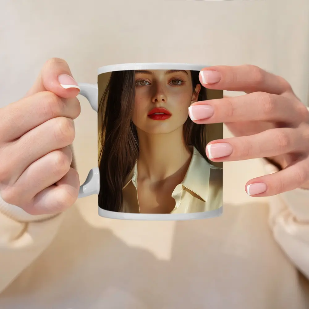 Young Woman Red Lips Warm Beige Background – Mugs