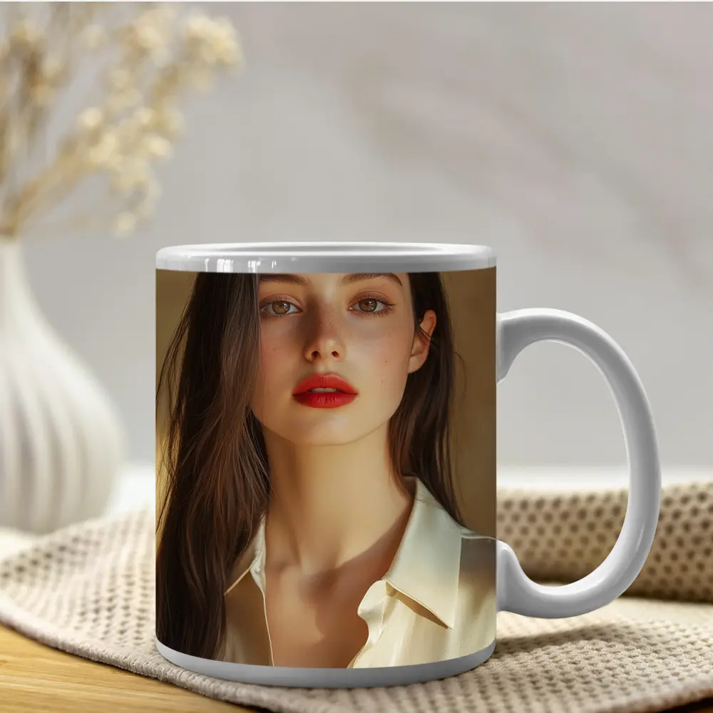 Young Woman Red Lips Warm Beige Background – Mugs