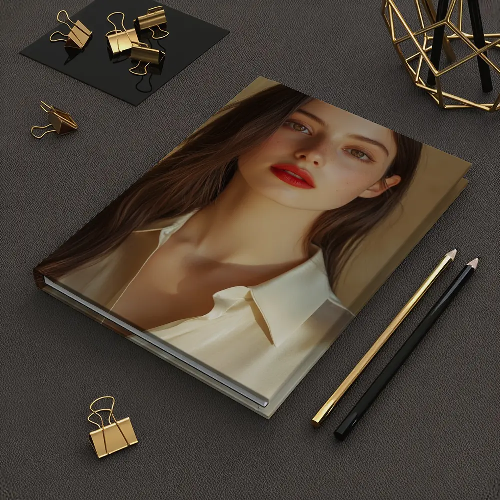 Young Woman Red Lips Warm Beige Background – Notebooks