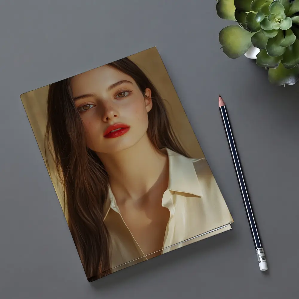 Young Woman Red Lips Warm Beige Background – Notebooks