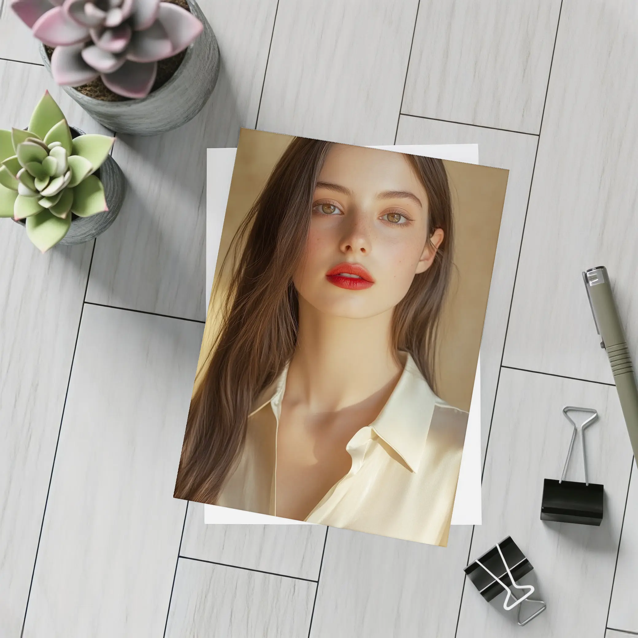 Young Woman Red Lips Warm Beige Background – Postcards