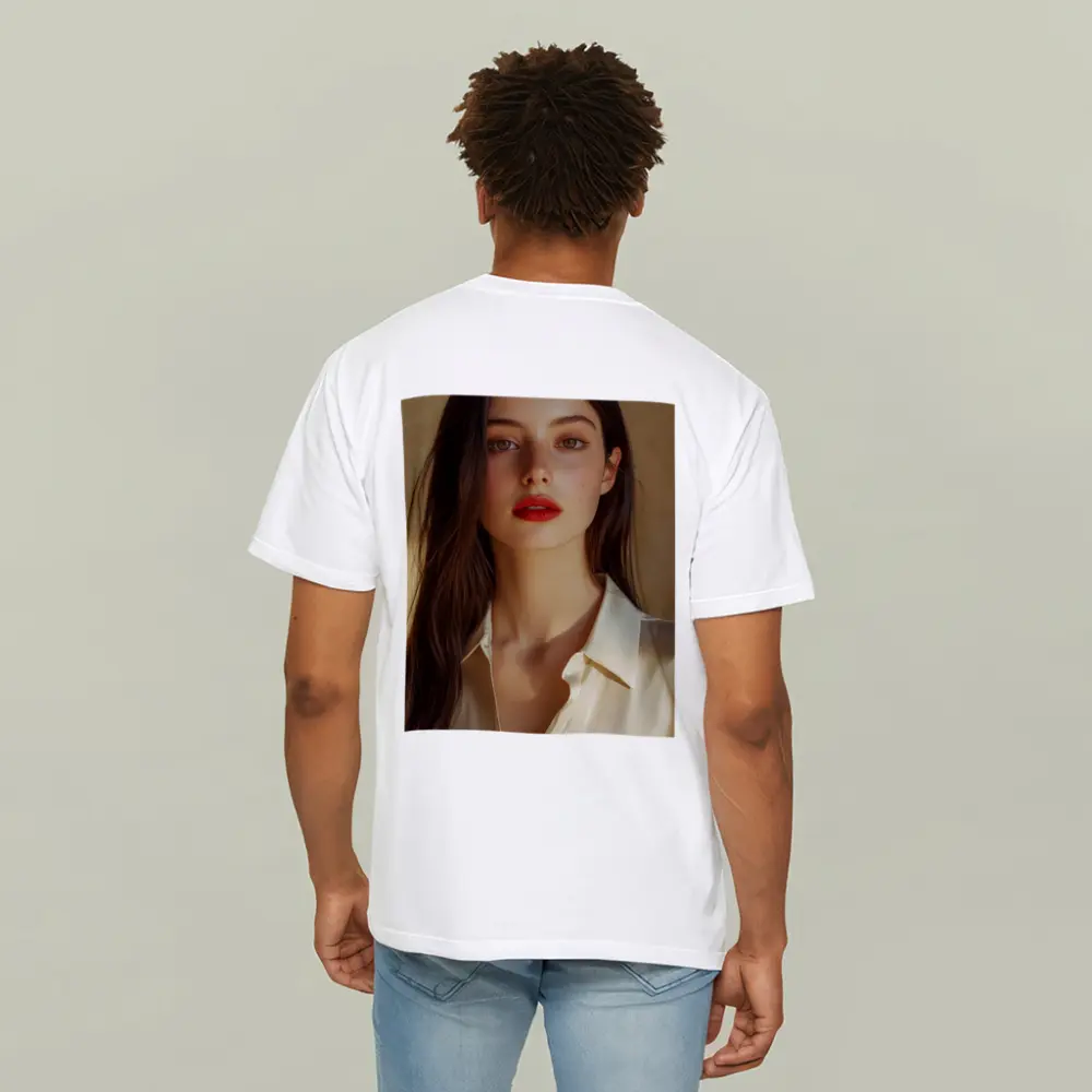 Young Woman Red Lips Warm Beige Background – T-Shirts