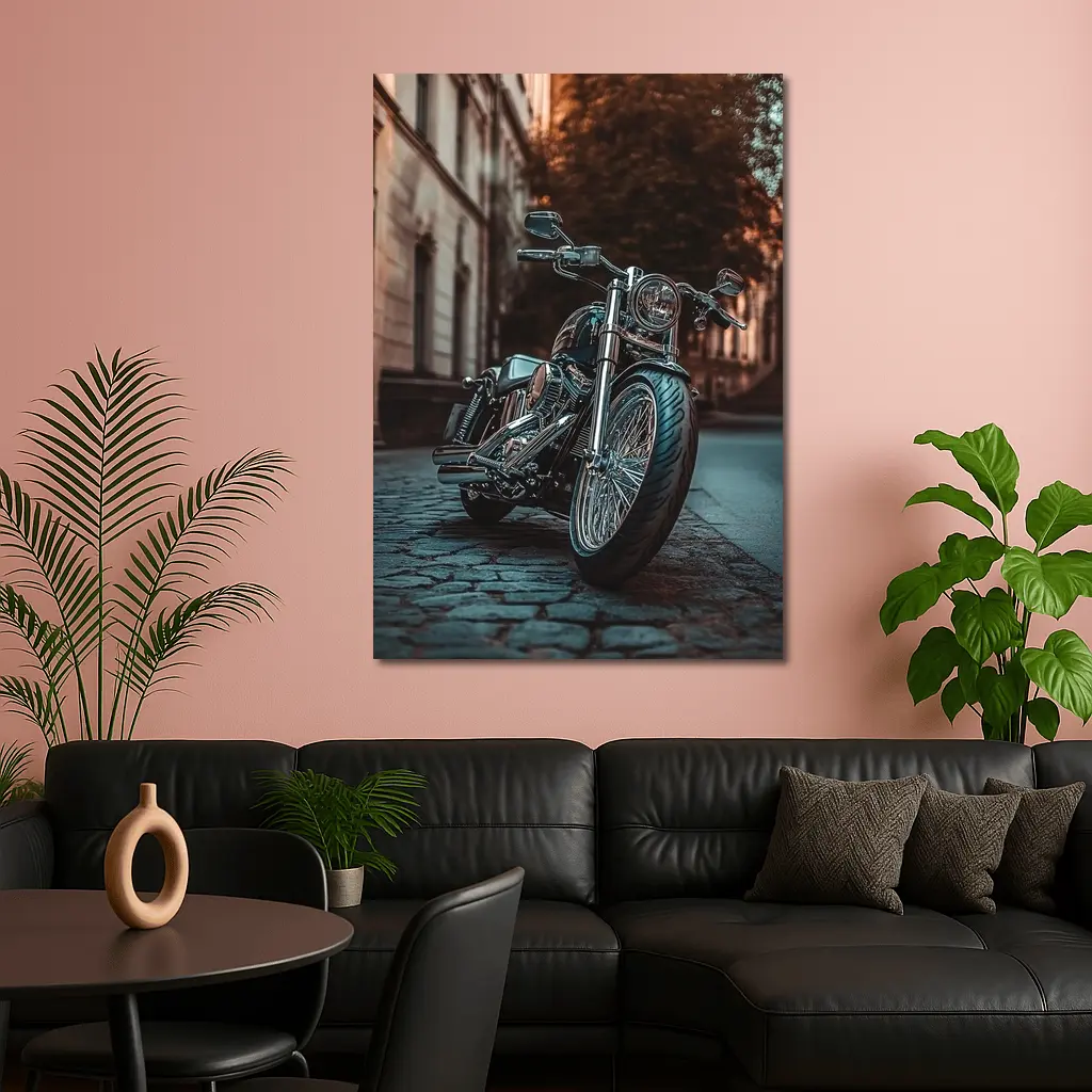 Harley Davidson Chopper On City Cobblestone Street – Wall Art