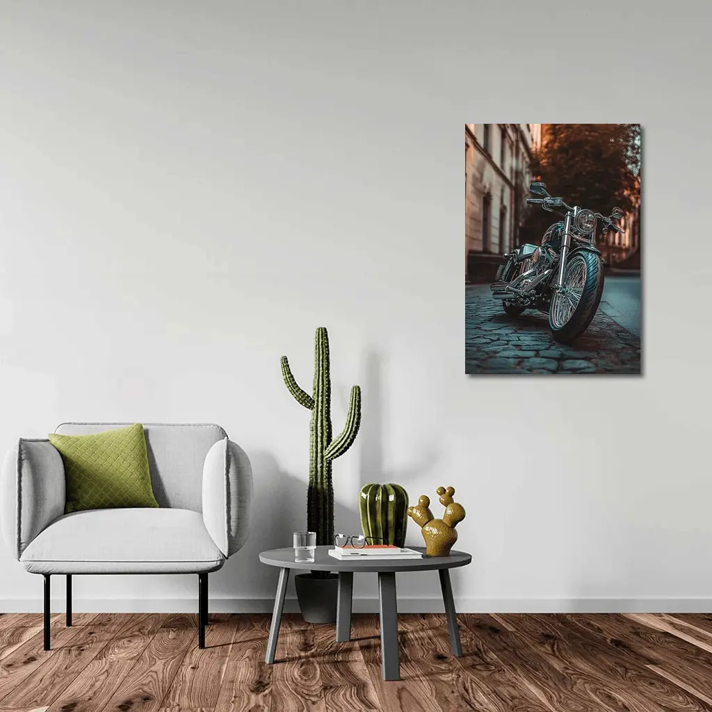 Harley Davidson Chopper On City Cobblestone Street – Wall Art