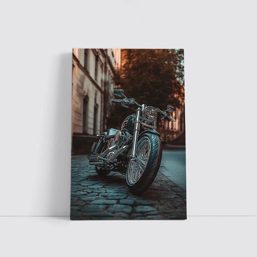 Harley Davidson Chopper On City Cobblestone Street – Wall Art
