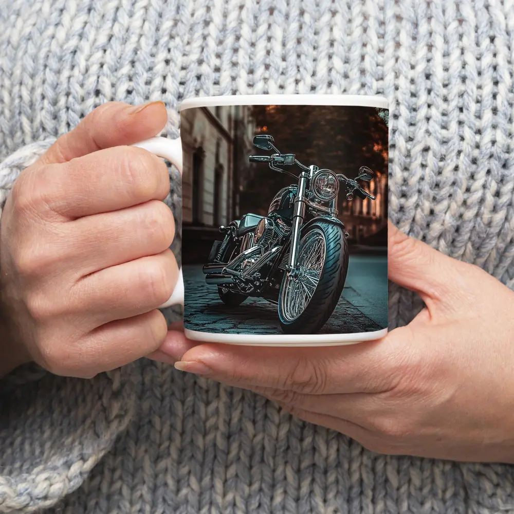 Harley Davidson Chopper On City Cobblestone Street – Mugs