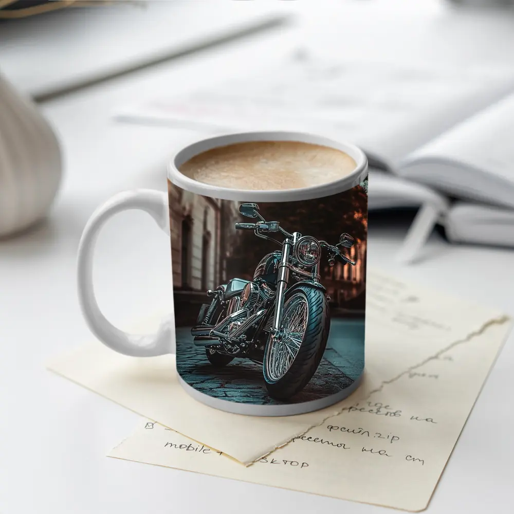 Harley Davidson Chopper On City Cobblestone Street – Mugs
