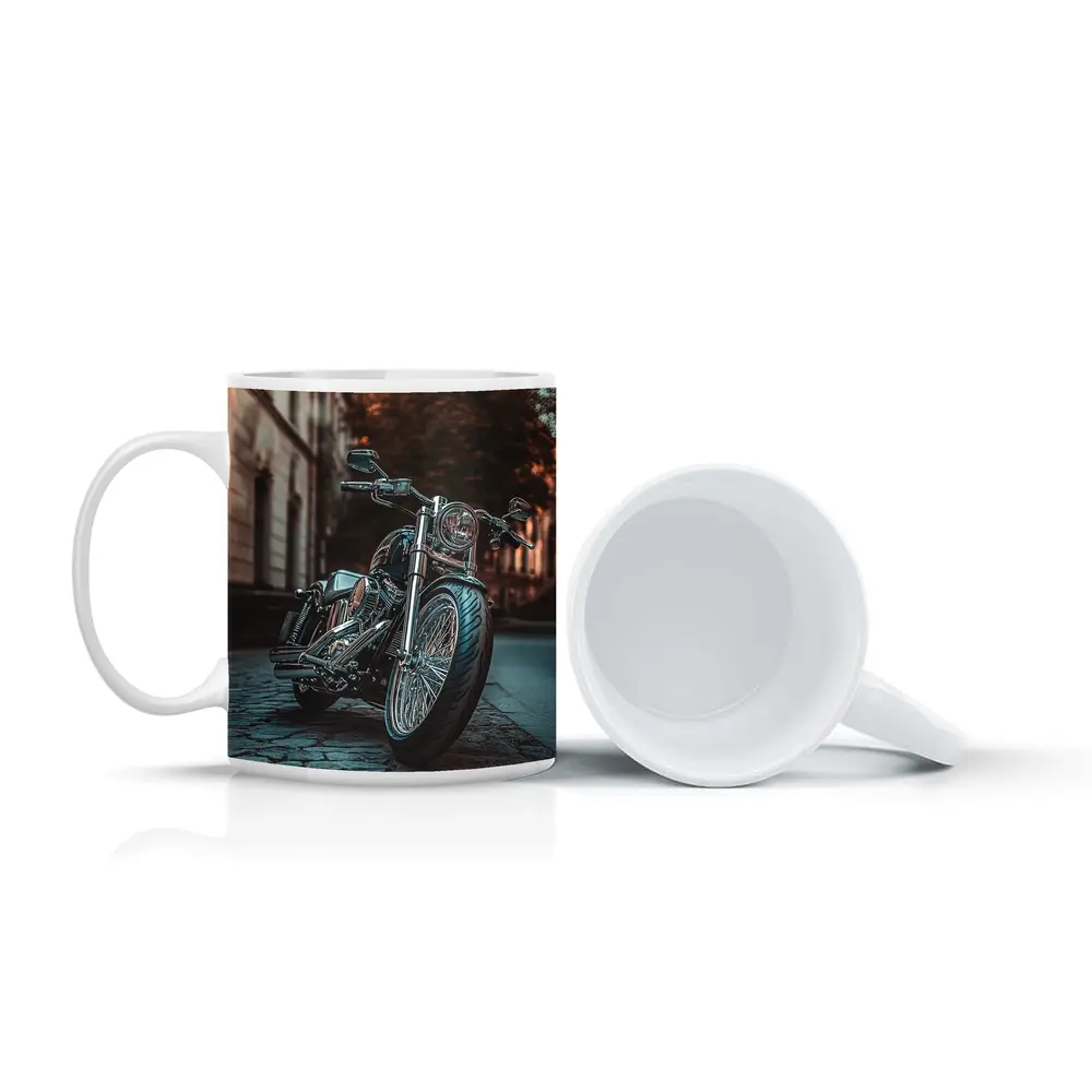 Harley Davidson Chopper On City Cobblestone Street – Mugs