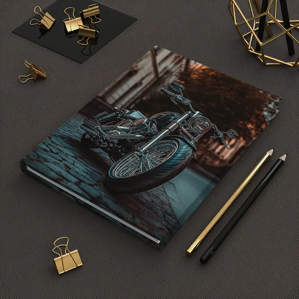 Harley Davidson Chopper On City Cobblestone Street – Notebooks