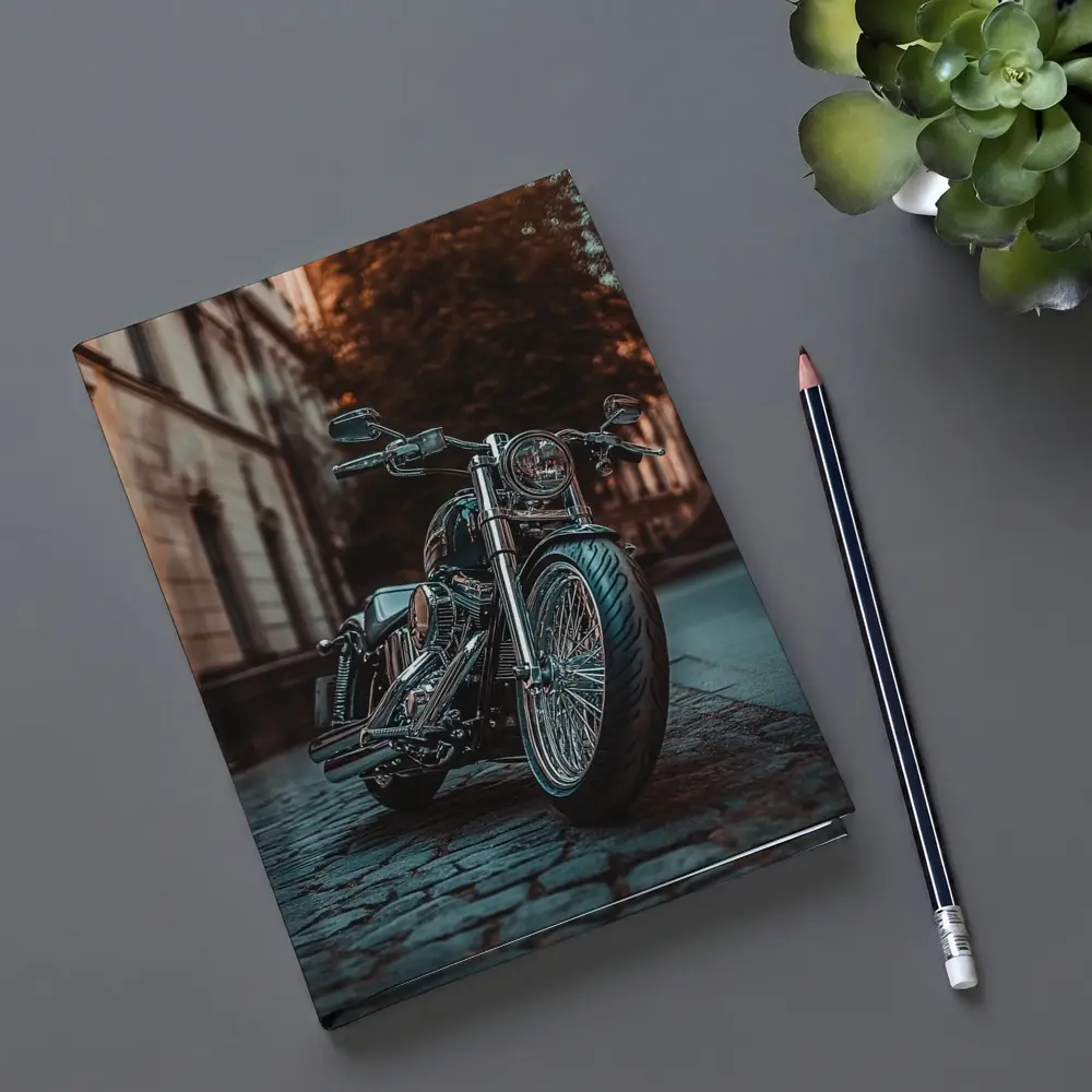 Harley Davidson Chopper On City Cobblestone Street – Notebooks