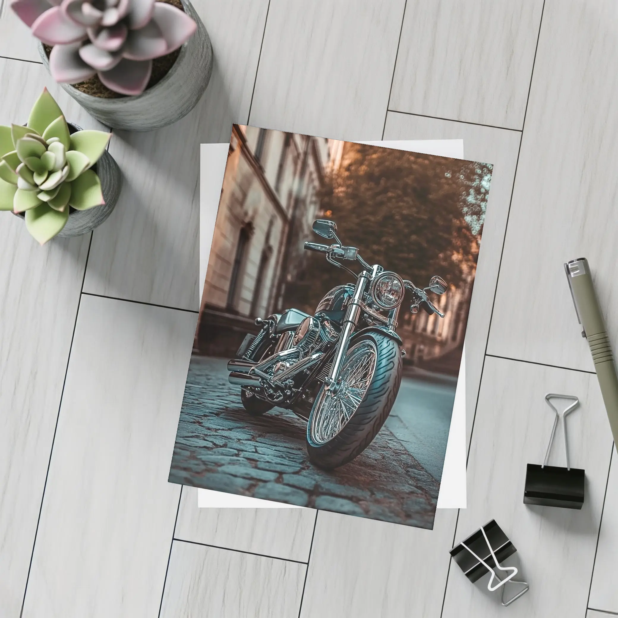 Harley Davidson Chopper On City Cobblestone Street – Postcards