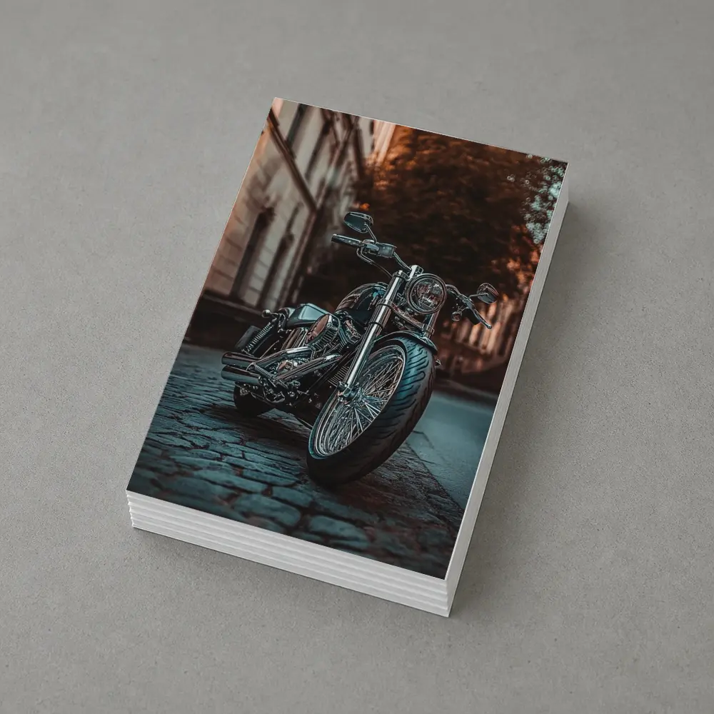 Harley Davidson Chopper On City Cobblestone Street – Postcards