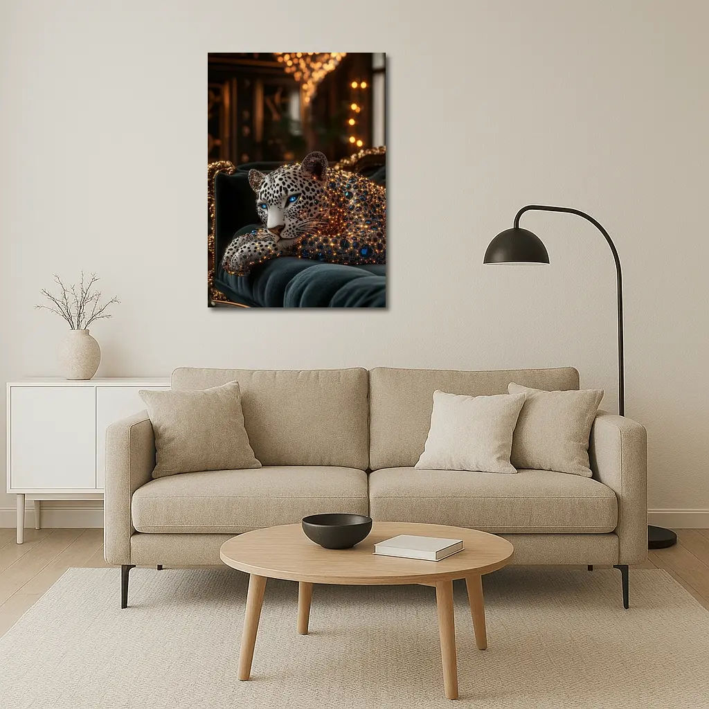 Gold Jeweled Leopard Resting On Velvet Sofa – Wall Art