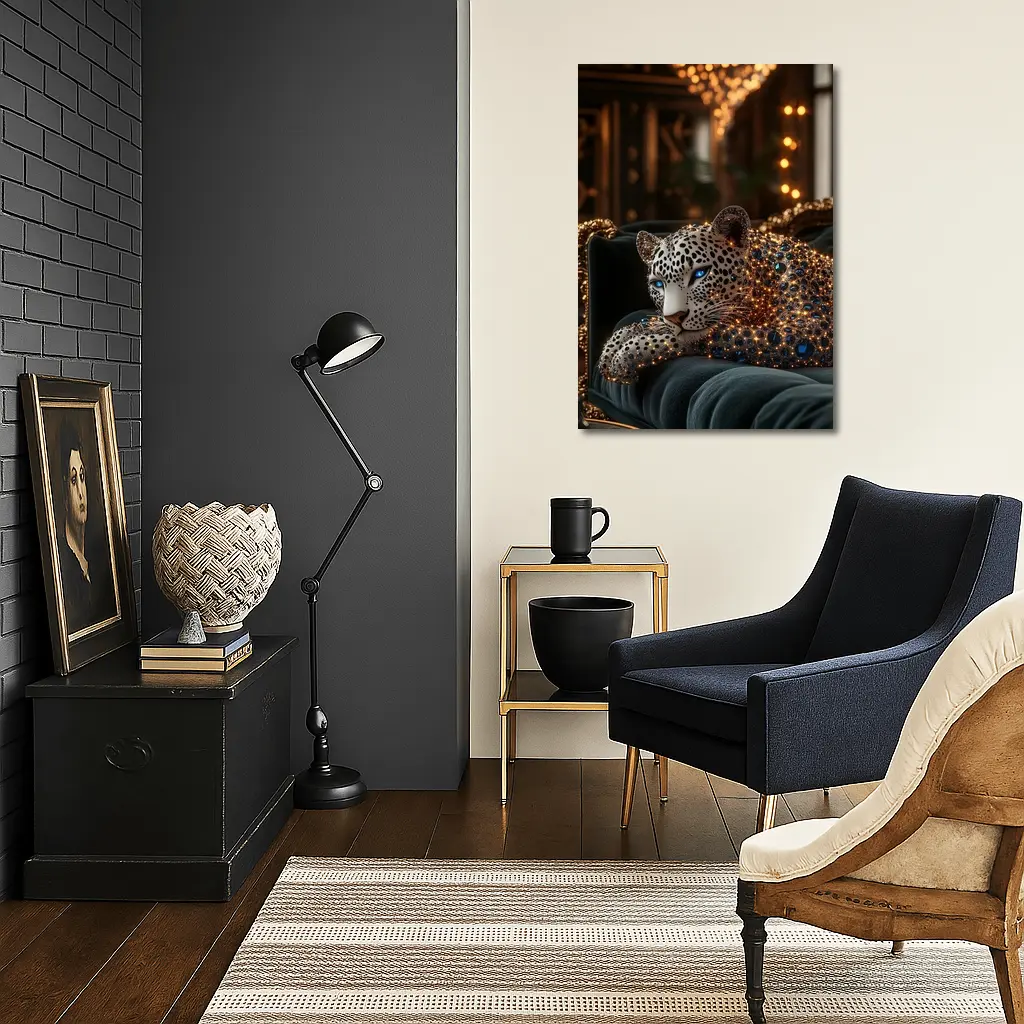 Gold Jeweled Leopard Resting On Velvet Sofa – Wall Art