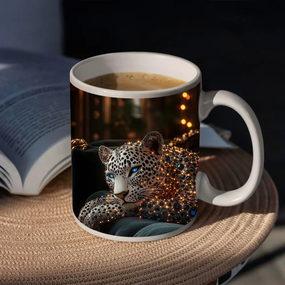 Gold Jeweled Leopard Resting On Velvet Sofa – Mugs