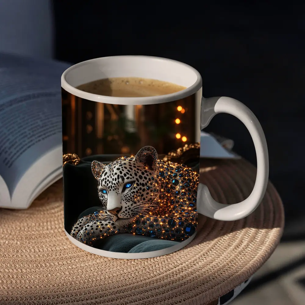 Gold Jeweled Leopard Resting On Velvet Sofa – Mugs