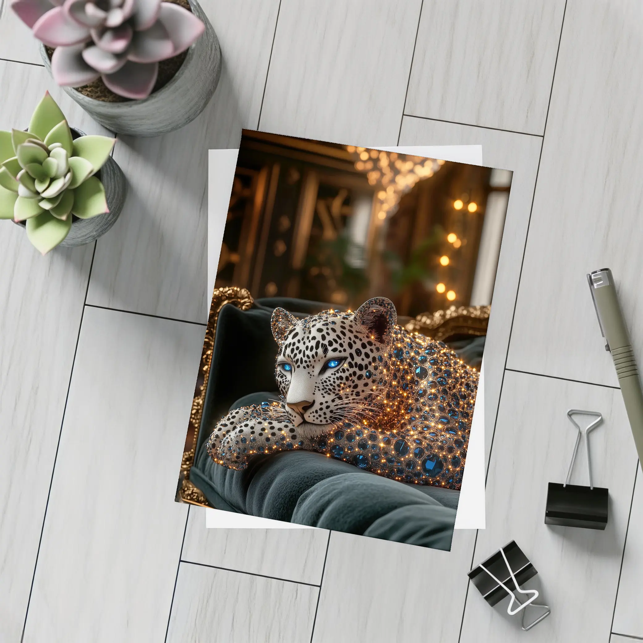 Gold Jeweled Leopard Resting On Velvet Sofa – Postcards