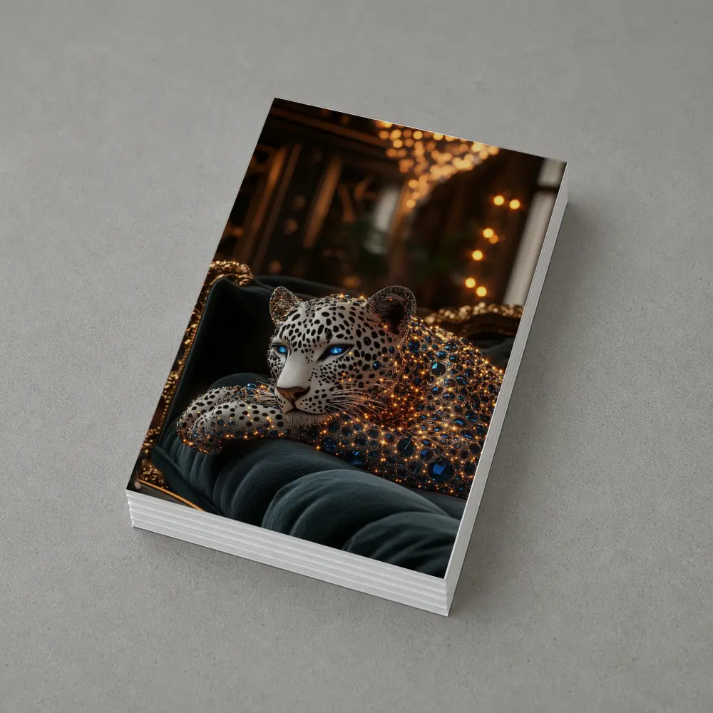 Gold Jeweled Leopard Resting On Velvet Sofa – Postcards