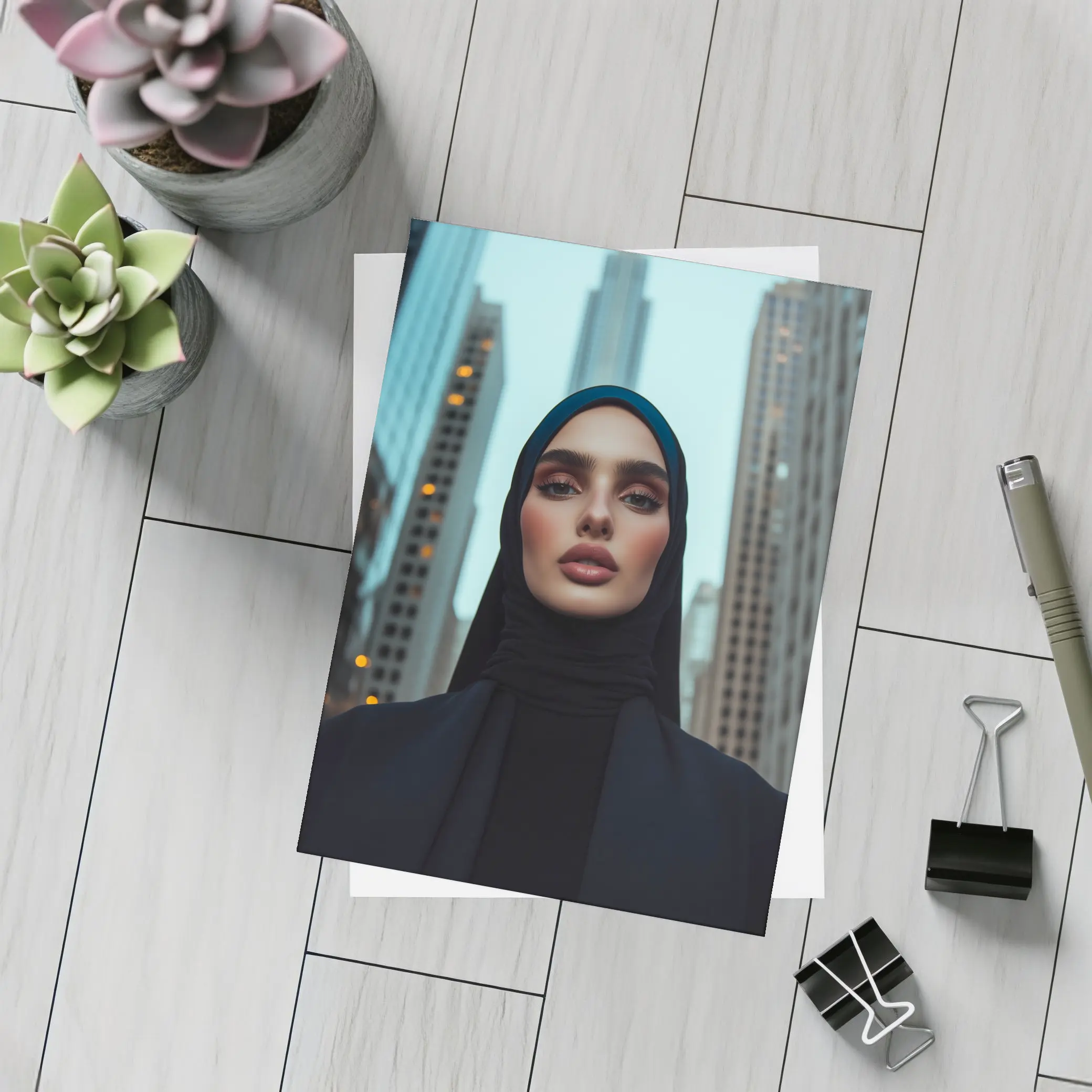 Woman in Hijab City Skyline Portrait – Postcards