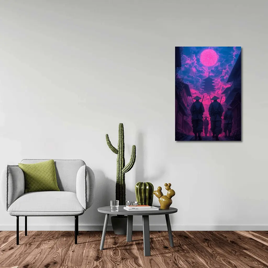 Samurai Warriors Walking Neon Pink Night – Wall Art