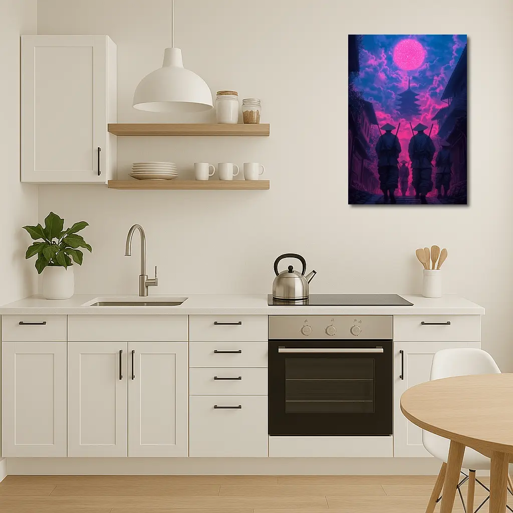 Samurai Warriors Walking Neon Pink Night – Wall Art