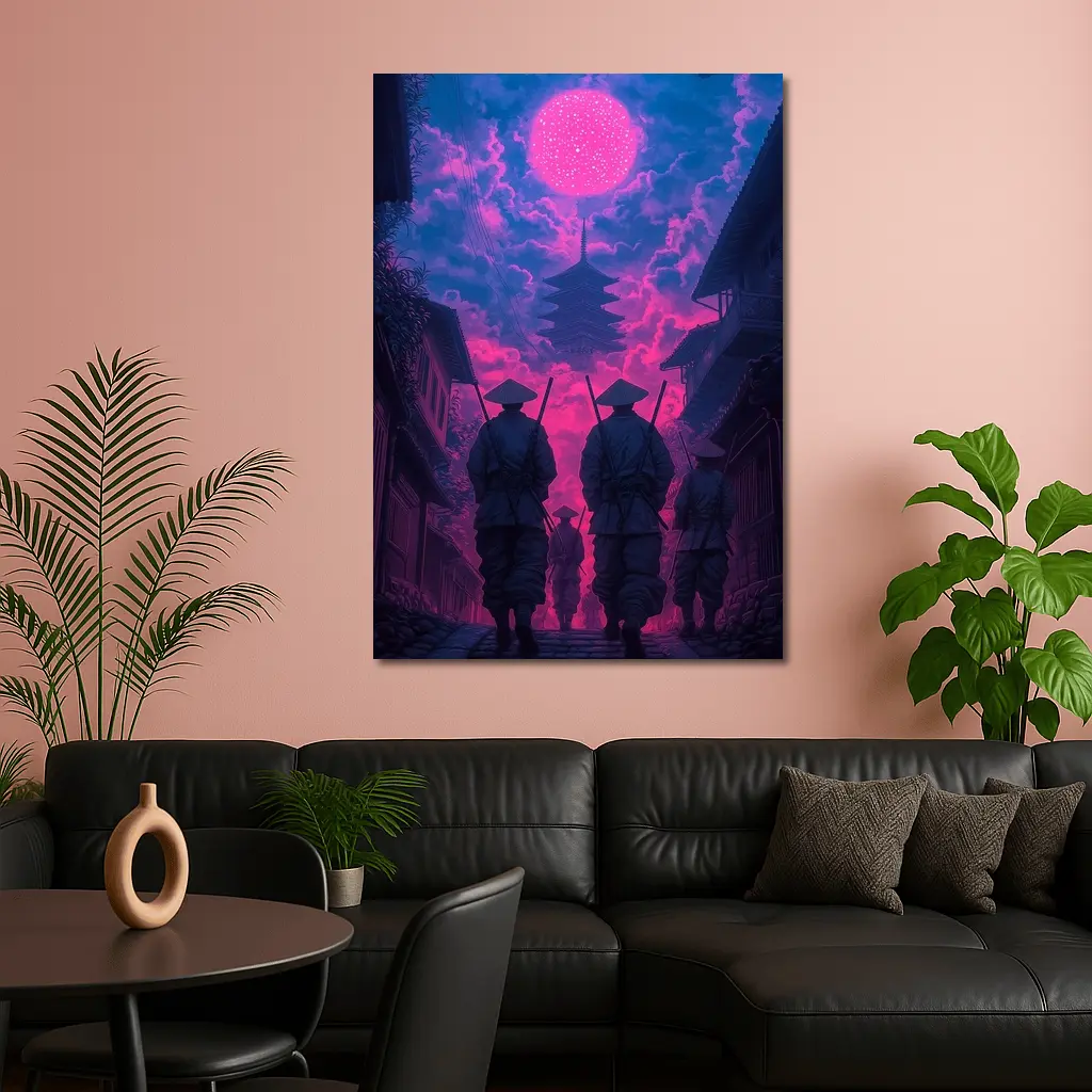 Samurai Warriors Walking Neon Pink Night – Wall Art