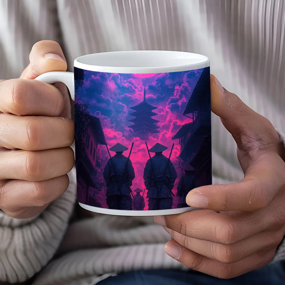 Samurai Warriors Walking Neon Pink Night – Mugs
