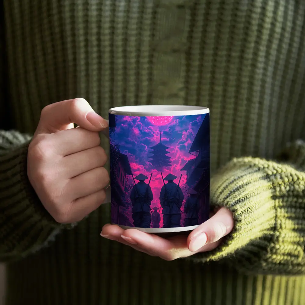 Samurai Warriors Walking Neon Pink Night – Mugs