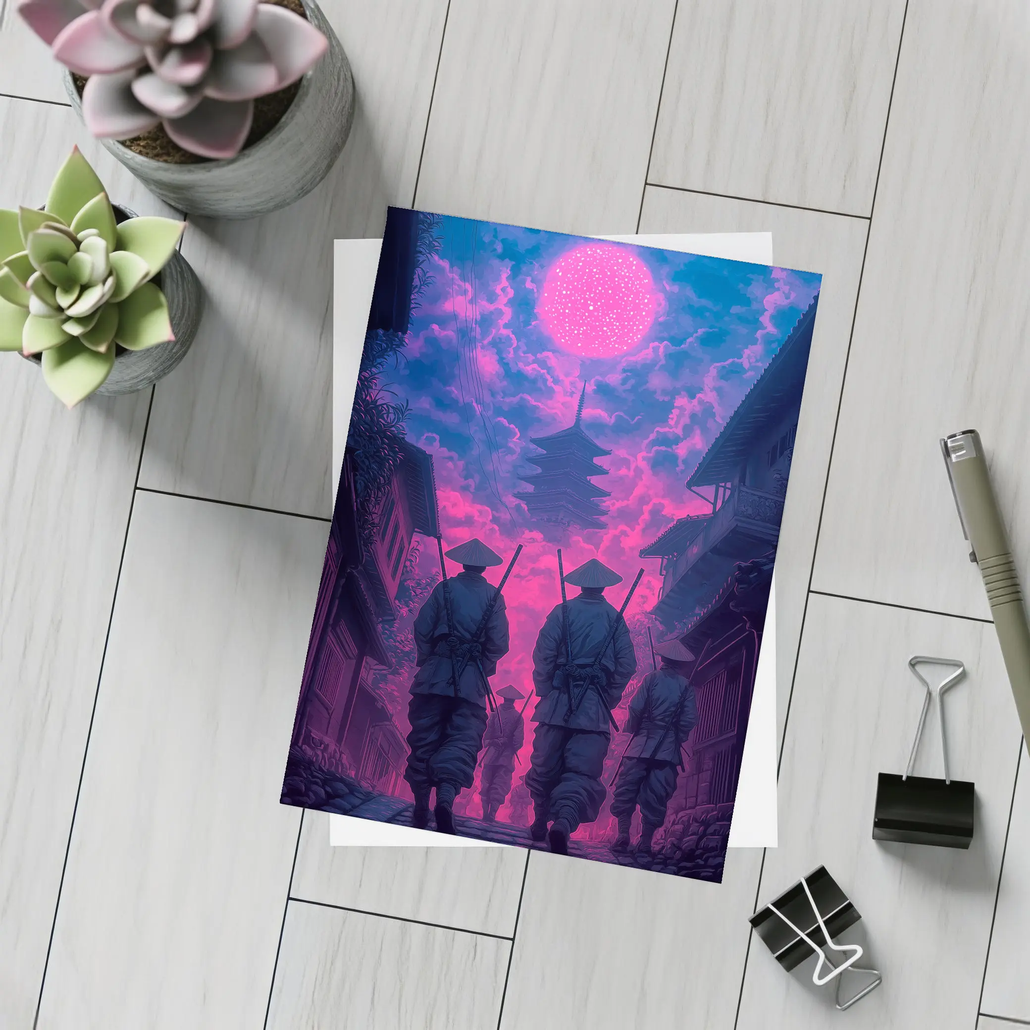 Samurai Warriors Walking Neon Pink Night – Postcards