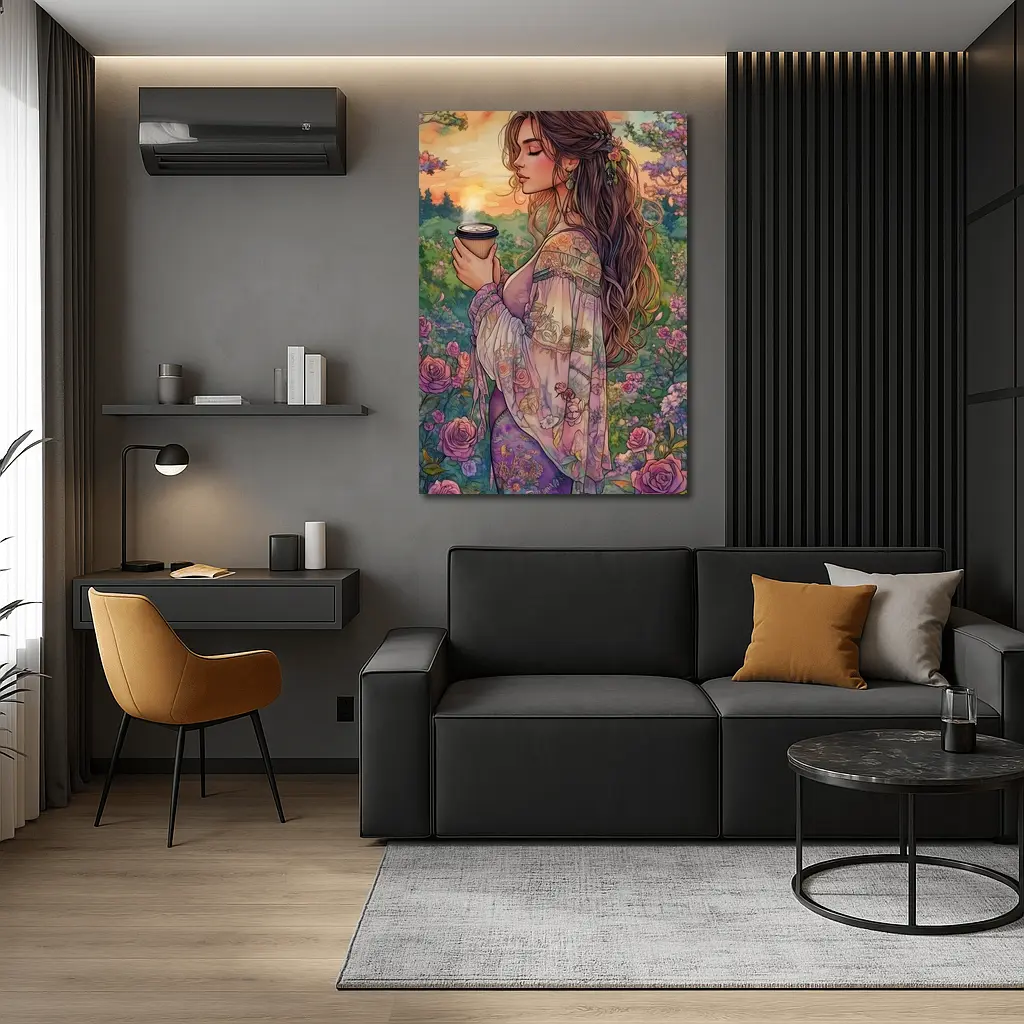 Boho Woman With Coffee Among Garden Roses – Wall Art