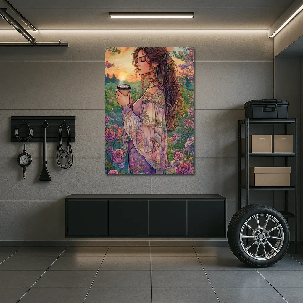 Boho Woman With Coffee Among Garden Roses – Wall Art