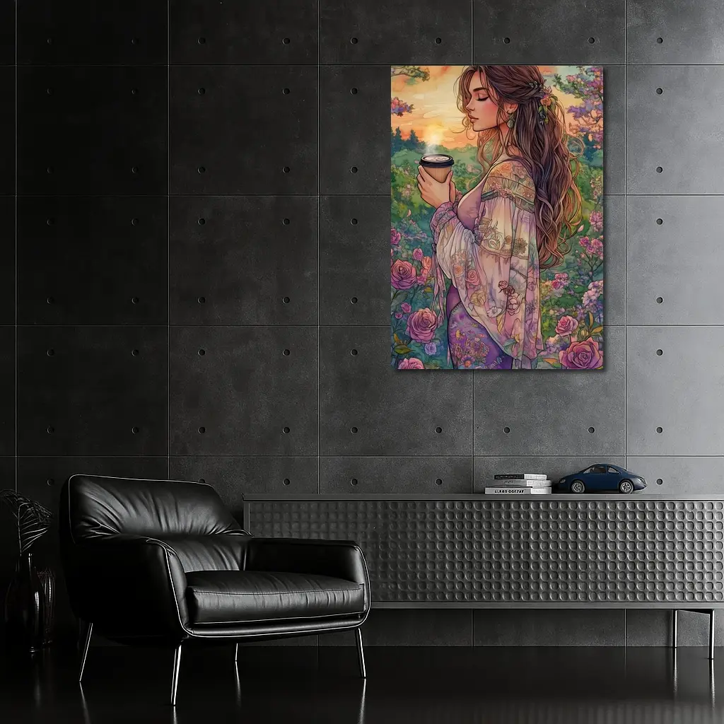 Boho Woman With Coffee Among Garden Roses – Wall Art