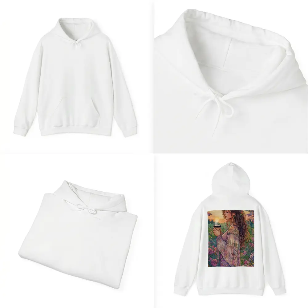 Boho Woman With Coffee Among Garden Roses – Hoodies