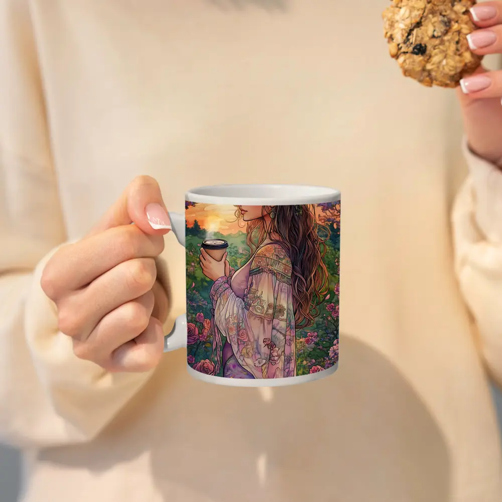 Boho Woman With Coffee Among Garden Roses – Mugs