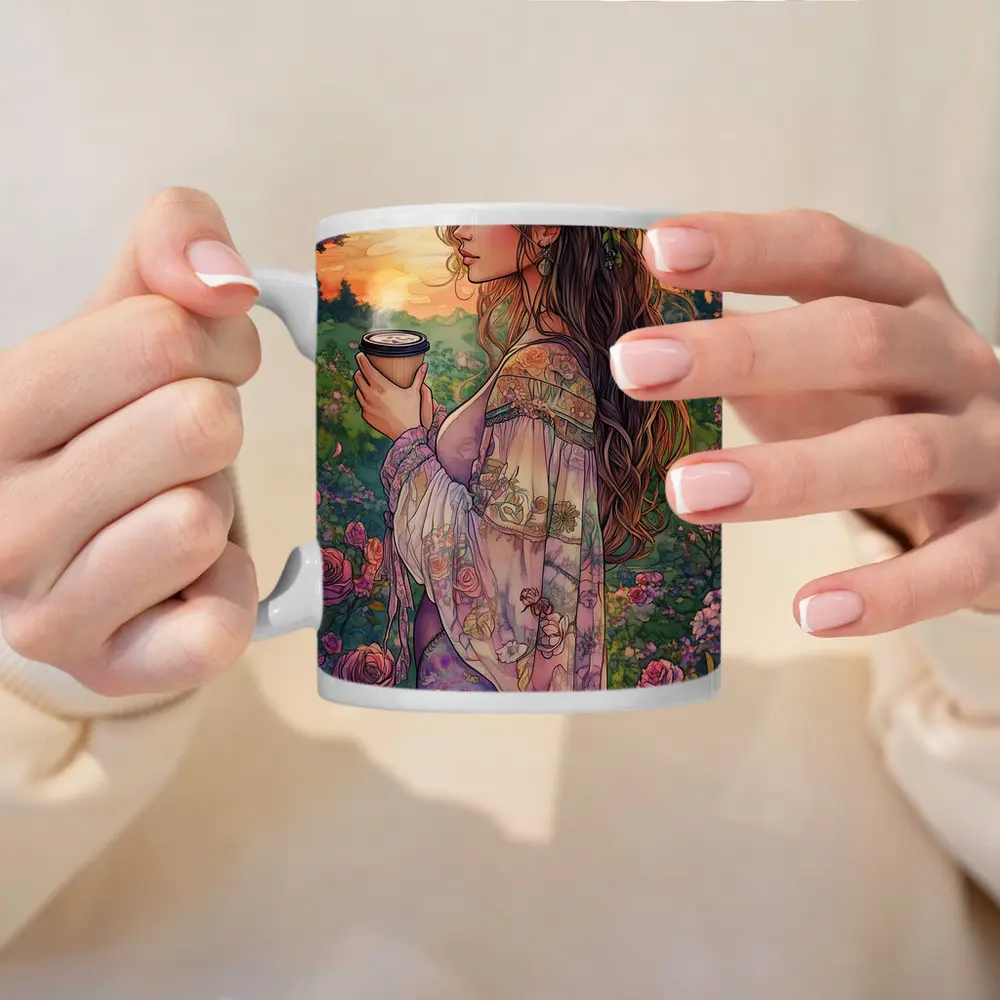 Boho Woman With Coffee Among Garden Roses – Mugs