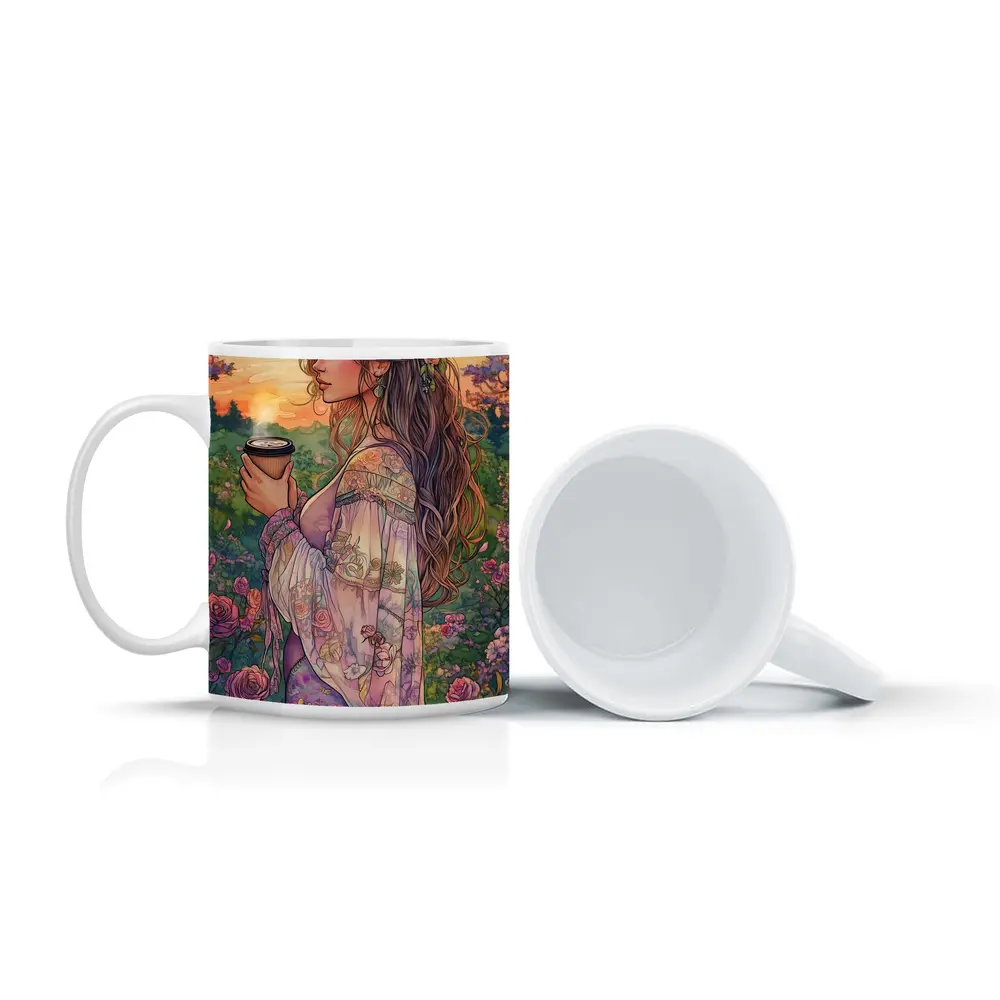 Boho Woman With Coffee Among Garden Roses – Mugs