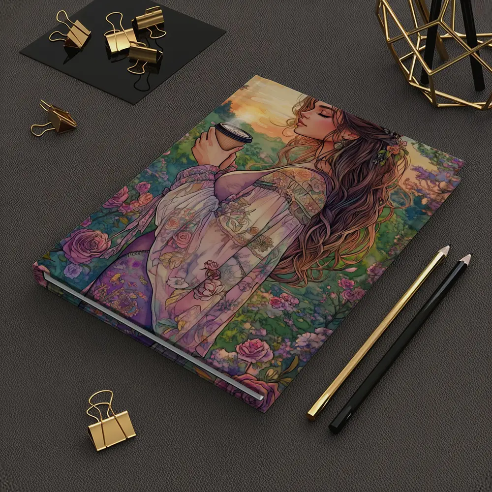 Boho Woman With Coffee Among Garden Roses – Notebooks