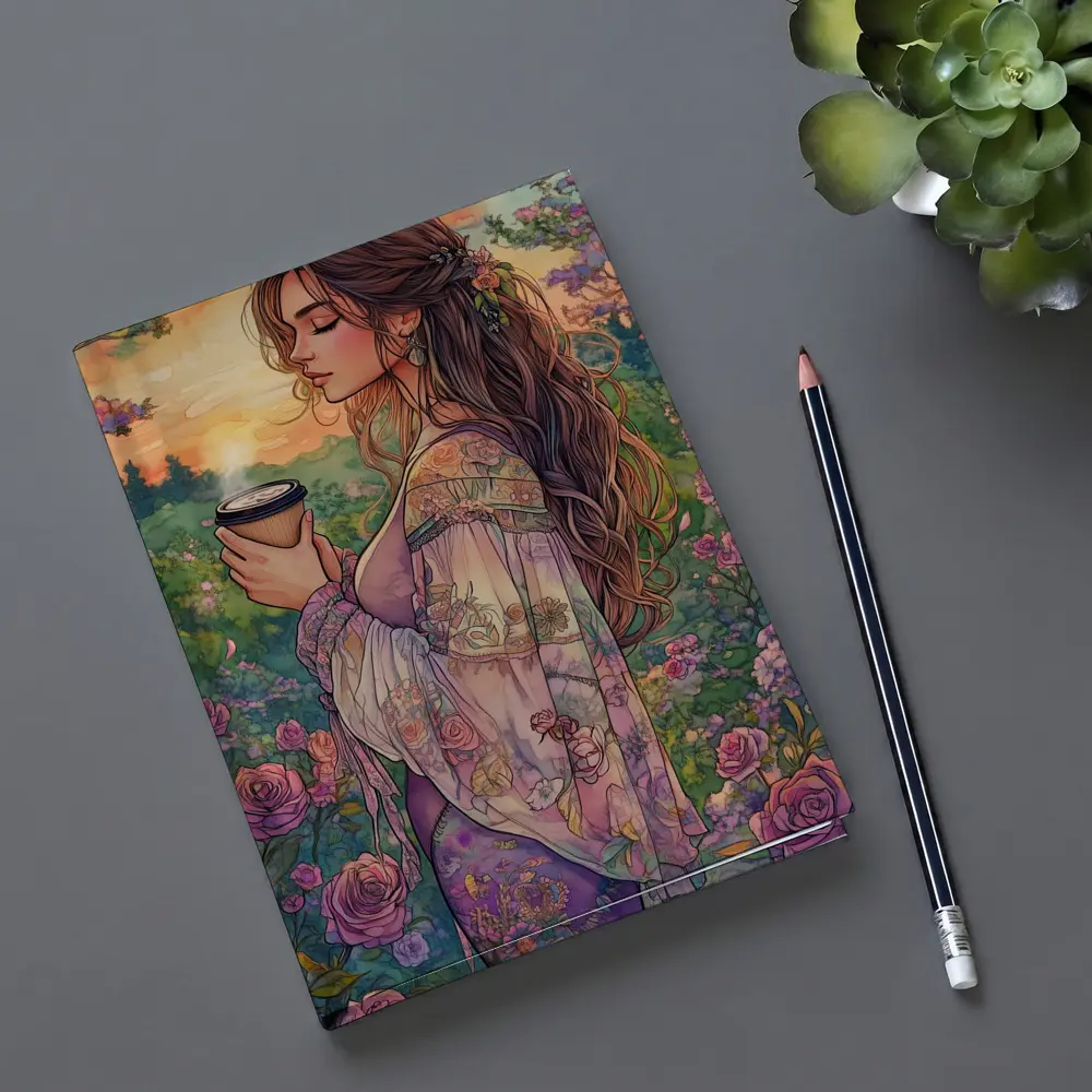 Boho Woman With Coffee Among Garden Roses – Notebooks